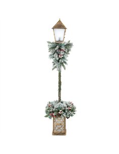 Outsunny Christmas Street Lamp, Outdoor Lighted Christmas Lamp Post with LED Lights, Snow Flocked Tips, Red Berries, Pine Cones