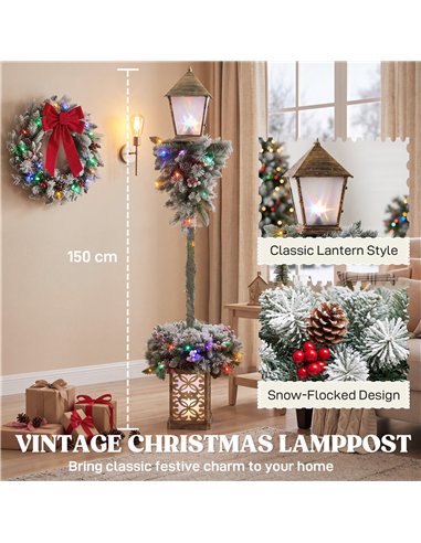 Outsunny Christmas Street Lamp, Outdoor Lighted Christmas Lamp Post with LED Lights, Snow Flocked Tips, Red Berries, Pine Cones