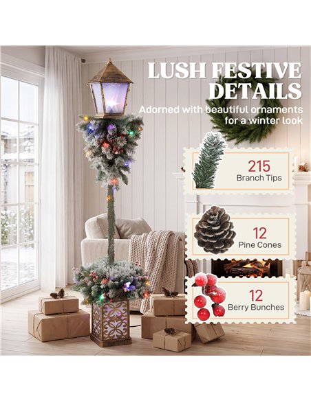 Outsunny Christmas Street Lamp, Outdoor Lighted Christmas Lamp Post with LED Lights, Snow Flocked Tips, Red Berries, Pine Cones - pic 205745 | FastDaddyshop