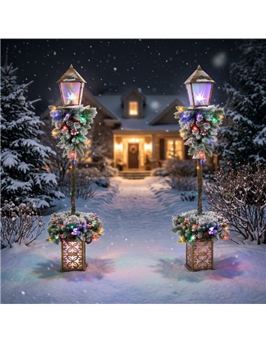 Outsunny Christmas Street Lamp, Outdoor Lighted Christmas Lamp Post with LED Lights, Snow Flocked Tips, Red Berries, Pine Cones