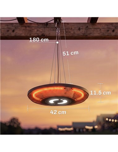 Outsunny Hanging Electric Patio Heater with LED Light, 1000/2000 W IP65 Outdoor Infrared Heater with Touch/Remote Control, Black