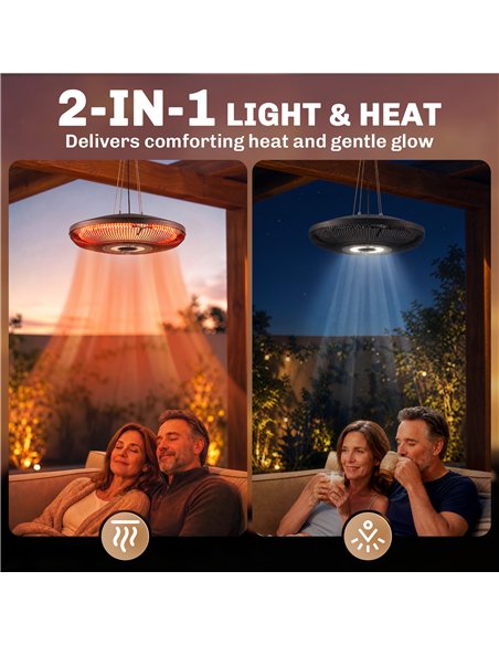 Outsunny Hanging Electric Patio Heater with LED Light, 1000/2000 W IP65 Outdoor Infrared Heater with Touch/Remote Control, Black - pic 205779 | FastDaddyshop
