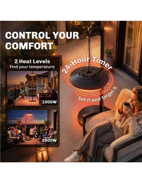 Outsunny Hanging Electric Patio Heater with LED Light, 1000/2000 W IP65 Outdoor Infrared Heater with Touch/Remote Control, Black - pic 205782 | FastDaddyshop