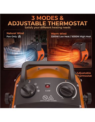 Outsunny Industrial Fan Heater 5000W with Tilting, Electric Ceramic Space Heater with Adjustable Thermostat, Handle