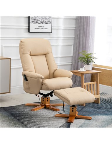 HOMCOM 10-Point Massage Sofa Armchair Chair PU Leather W/ Footrest Stool Heat Recliner Beige