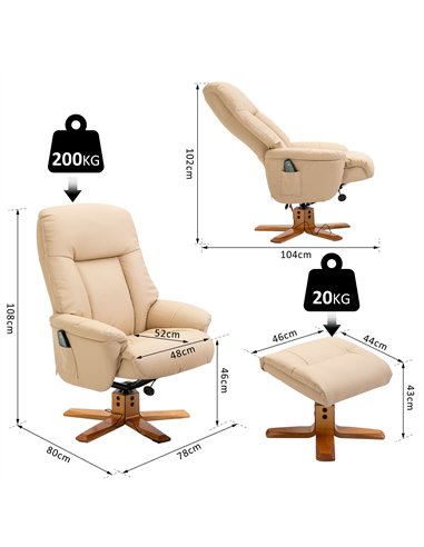 HOMCOM 10-Point Massage Sofa Armchair Chair PU Leather W/ Footrest Stool Heat Recliner Beige