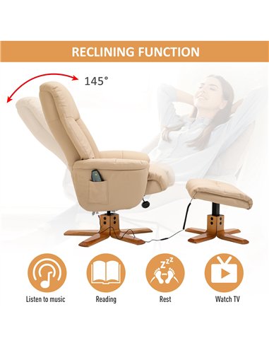 HOMCOM 10-Point Massage Sofa Armchair Chair PU Leather W/ Footrest Stool Heat Recliner Beige