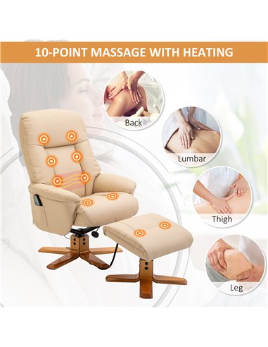 HOMCOM 10-Point Massage Sofa Armchair Chair PU Leather W/ Footrest Stool Heat Recliner Beige