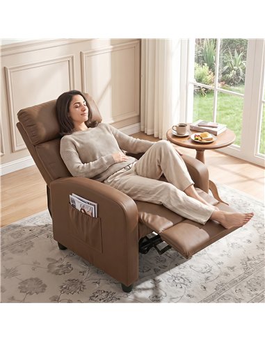 HOMCOM Recliner Armchair, Massage Faux Leather Push Back Reclining Chair with Adjustable Leg Rest, Side Pocket, Dark Brown