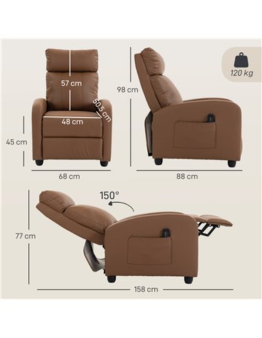 HOMCOM Recliner Armchair, Massage Faux Leather Push Back Reclining Chair with Adjustable Leg Rest, Side Pocket, Dark Brown