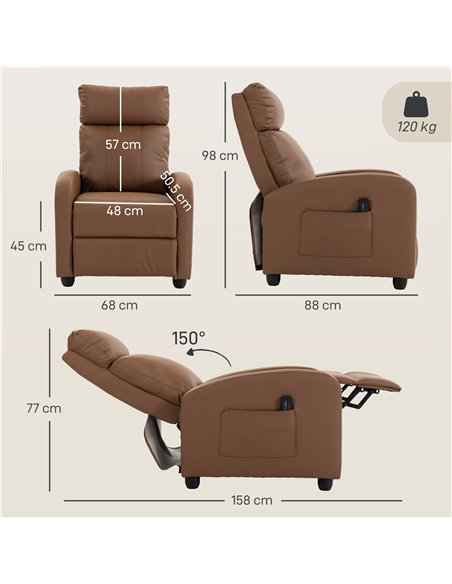 HOMCOM Recliner Armchair, Massage Faux Leather Push Back Reclining Chair with Adjustable Leg Rest, Side Pocket, Dark Brown - pic 205841 | FastDaddyshop