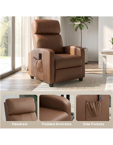 HOMCOM Recliner Armchair, Massage Faux Leather Push Back Reclining Chair with Adjustable Leg Rest, Side Pocket, Dark Brown