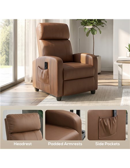 HOMCOM Recliner Armchair, Massage Faux Leather Push Back Reclining Chair with Adjustable Leg Rest, Side Pocket, Dark Brown - pic 205845 | FastDaddyshop