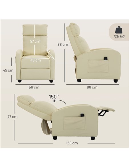 HOMCOM Recliner Armchair, Massage Faux Leather Push Back Reclining Chair with Adjustable Leg Rest, Side Pocket, Cream White - pic 205850 | FastDaddyshop