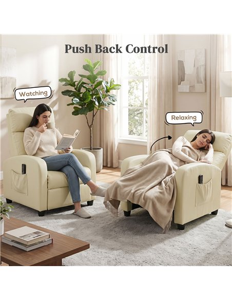 HOMCOM Recliner Armchair, Massage Faux Leather Push Back Reclining Chair with Adjustable Leg Rest, Side Pocket, Cream White - pic 205852 | FastDaddyshop