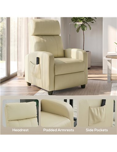 HOMCOM Recliner Armchair, Massage Faux Leather Push Back Reclining Chair with Adjustable Leg Rest, Side Pocket, Cream White