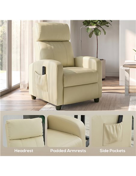 HOMCOM Recliner Armchair, Massage Faux Leather Push Back Reclining Chair with Adjustable Leg Rest, Side Pocket, Cream White - pic 205854 | FastDaddyshop