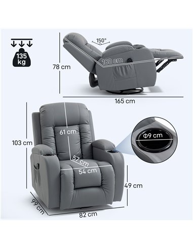 HOMCOM Massage Recliner Armchair, PU Leather Recliner Chair, Grey