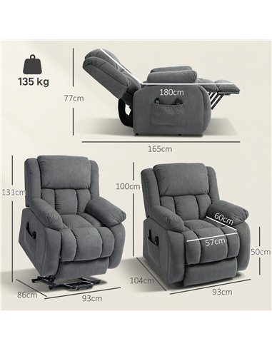 HOMCOM Recliner Armchair Lift Chair, Electric Recliner Chair with Vibration Massage and Heat, Wide Seat, USB Port, Grey