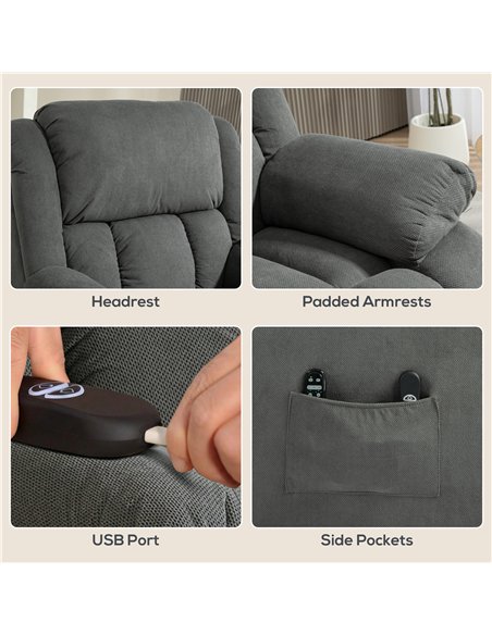 HOMCOM Recliner Armchair Lift Chair, Electric Recliner Chair with Vibration Massage and Heat, Wide Seat, USB Port, Grey - pic 205872 | FastDaddyshop