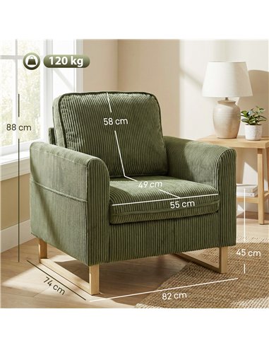 HOMCOM Accent Chair with Spring, Modern Industrial Armchair with Metal Legs for Livingroom Dark Green