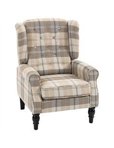 HOMCOM Wingback Accent Chair, Linen-Look Fabric Armchair with Thick Spring Cushion, High Back, Khaki Plaid