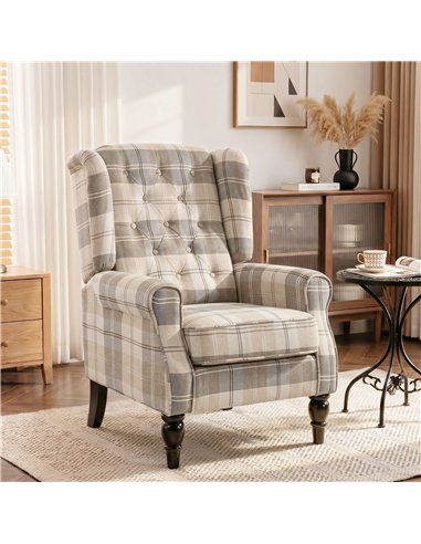 HOMCOM Wingback Accent Chair, Linen-Look Fabric Armchair with Thick Spring Cushion, High Back, Khaki Plaid