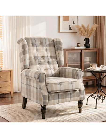 HOMCOM Wingback Accent Chair, Linen-Look Fabric Armchair with Thick Spring Cushion, High Back, Khaki Plaid - pic 205885 | FastDaddyshop