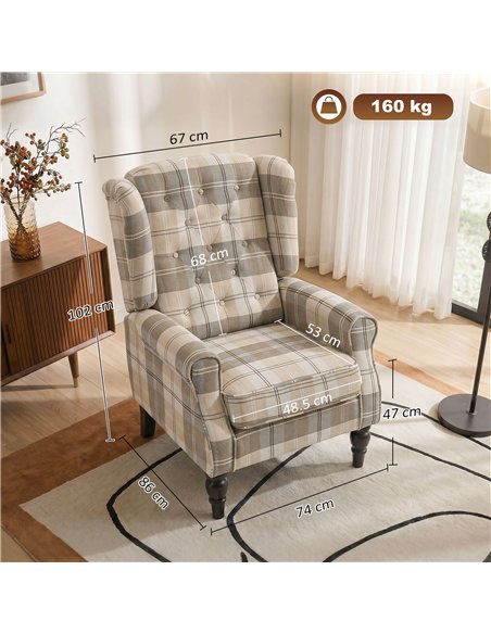 HOMCOM Wingback Accent Chair, Linen-Look Fabric Armchair with Thick Spring Cushion, High Back, Khaki Plaid - pic 205886 | FastDaddyshop
