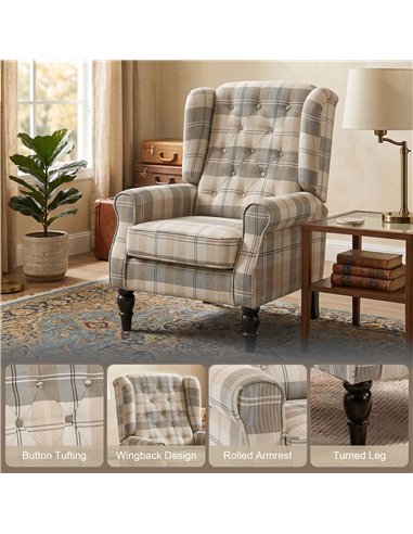 HOMCOM Wingback Accent Chair, Linen-Look Fabric Armchair with Thick Spring Cushion, High Back, Khaki Plaid