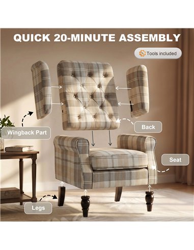 HOMCOM Wingback Accent Chair, Linen-Look Fabric Armchair with Thick Spring Cushion, High Back, Khaki Plaid