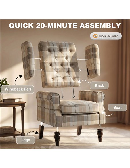 HOMCOM Wingback Accent Chair, Linen-Look Fabric Armchair with Thick Spring Cushion, High Back, Khaki Plaid - pic 205890 | FastDaddyshop