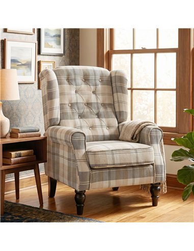 HOMCOM Wingback Accent Chair, Linen-Look Fabric Armchair with Thick Spring Cushion, High Back, Khaki Plaid