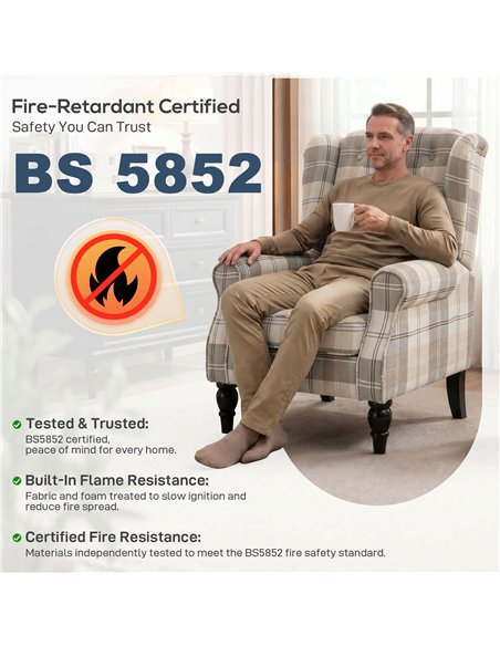 HOMCOM Wingback Accent Chair, Linen-Look Fabric Armchair with Thick Spring Cushion, High Back, Khaki Plaid - pic 205892 | FastDaddyshop