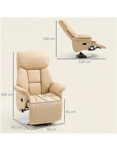 HOMCOM Adjustable Swivel Recliner, Manual Recliner Chair with Footrest, Padded Arms, PU Leather Upholstery, Beige