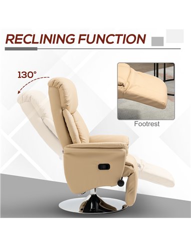 HOMCOM Adjustable Swivel Recliner, Manual Recliner Chair with Footrest, Padded Arms, PU Leather Upholstery, Beige