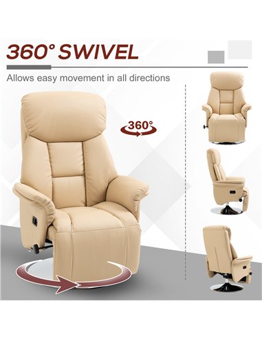 HOMCOM Adjustable Swivel Recliner, Manual Recliner Chair with Footrest, Padded Arms, PU Leather Upholstery, Beige