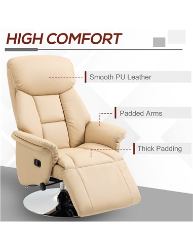 HOMCOM Adjustable Swivel Recliner, Manual Recliner Chair with Footrest, Padded Arms, PU Leather Upholstery, Beige