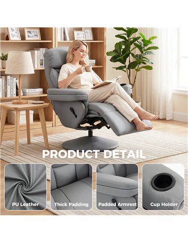 HOMCOM Upholstered Reclining Armchair, Manual Recliner Chair with Footrest and Adjustable Backrest, Grey