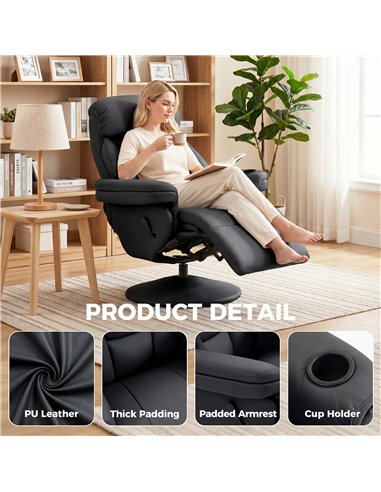 HOMCOM Upholstered Reclining Armchair, Manual Recliner Chair with Footrest and Adjustable Backrest, Black