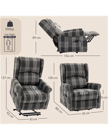 HOMCOM Power Lift Recliner Chair with Vibration Massage, Heat, Checked Lift Chair with Remote, Side Pockets, Grey
