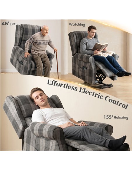 HOMCOM Power Lift Recliner Chair with Vibration Massage, Heat, Checked Lift Chair with Remote, Side Pockets, Grey - pic 205923 | FastDaddyshop