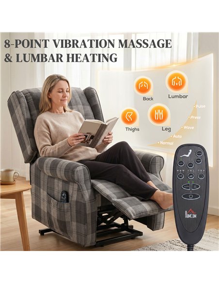 HOMCOM Power Lift Recliner Chair with Vibration Massage, Heat, Checked Lift Chair with Remote, Side Pockets, Grey - pic 205924 | FastDaddyshop