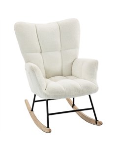 HOMCOM Rocking Chair, Teddy Fleece Rocker Chair with Tufted Wingback, Side Pockets, Rubber Wood Legs, Cream White