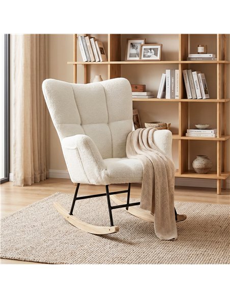 HOMCOM Rocking Chair, Teddy Fleece Rocker Chair with Tufted Wingback, Side Pockets, Rubber Wood Legs, Cream White - pic 205939 | FastDaddyshop