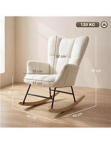 HOMCOM Rocking Chair, Teddy Fleece Rocker Chair with Tufted Wingback, Side Pockets, Rubber Wood Legs, Cream White