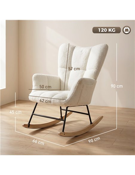 HOMCOM Rocking Chair, Teddy Fleece Rocker Chair with Tufted Wingback, Side Pockets, Rubber Wood Legs, Cream White - pic 205940 | FastDaddyshop