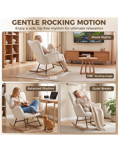 HOMCOM Rocking Chair, Teddy Fleece Rocker Chair with Tufted Wingback, Side Pockets, Rubber Wood Legs, Cream White