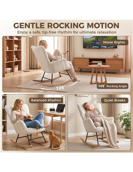 HOMCOM Rocking Chair, Teddy Fleece Rocker Chair with Tufted Wingback, Side Pockets, Rubber Wood Legs, Cream White - pic 205941 | FastDaddyshop