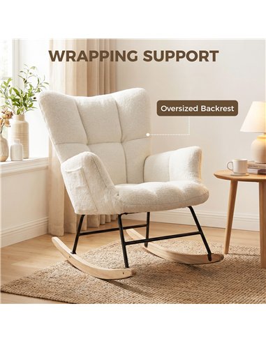 HOMCOM Rocking Chair, Teddy Fleece Rocker Chair with Tufted Wingback, Side Pockets, Rubber Wood Legs, Cream White